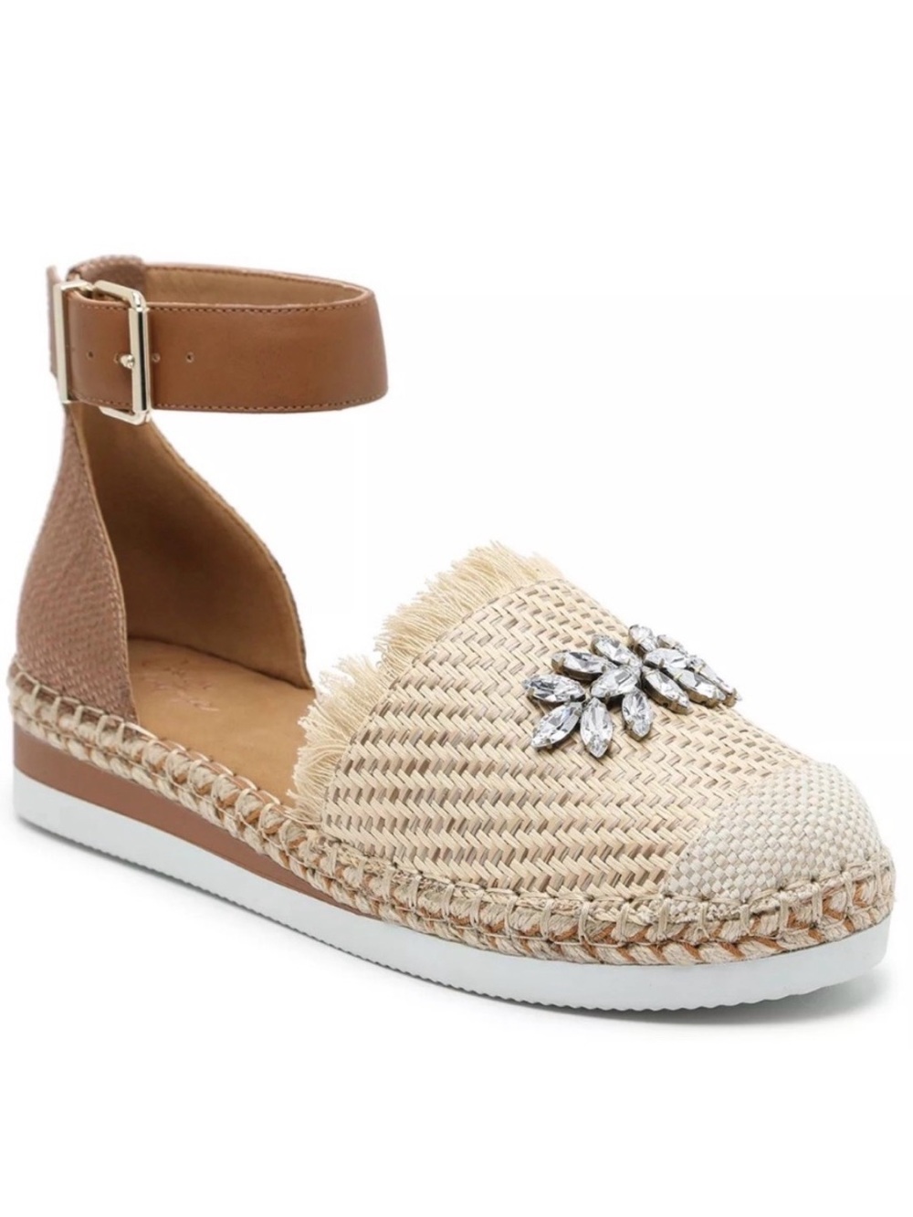 Crown Vintage Beige and Tan Jeweled Espadrille Ankle-Strap Flats